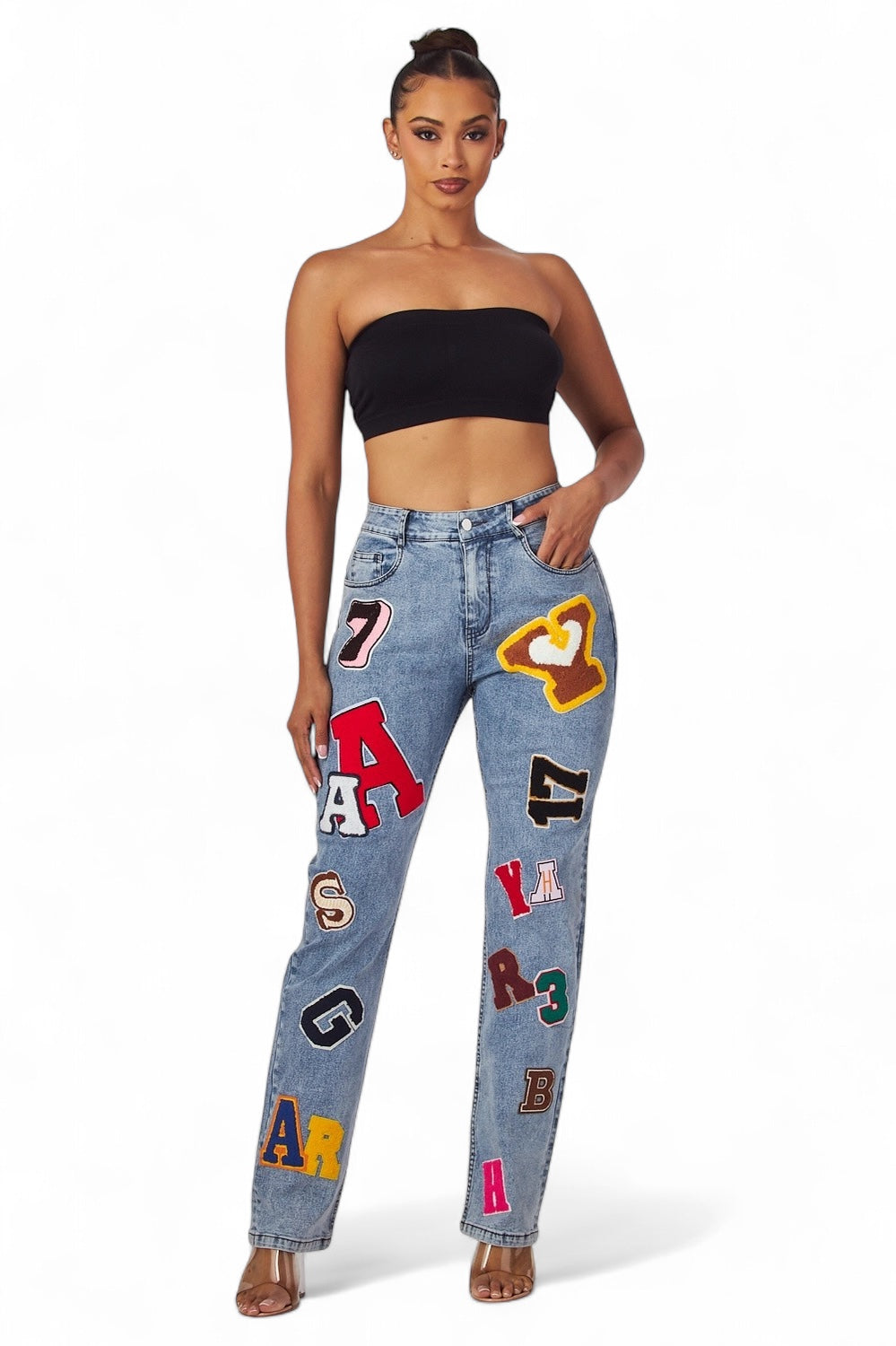 Emmiebree Letter Patch Denim Jean Pants